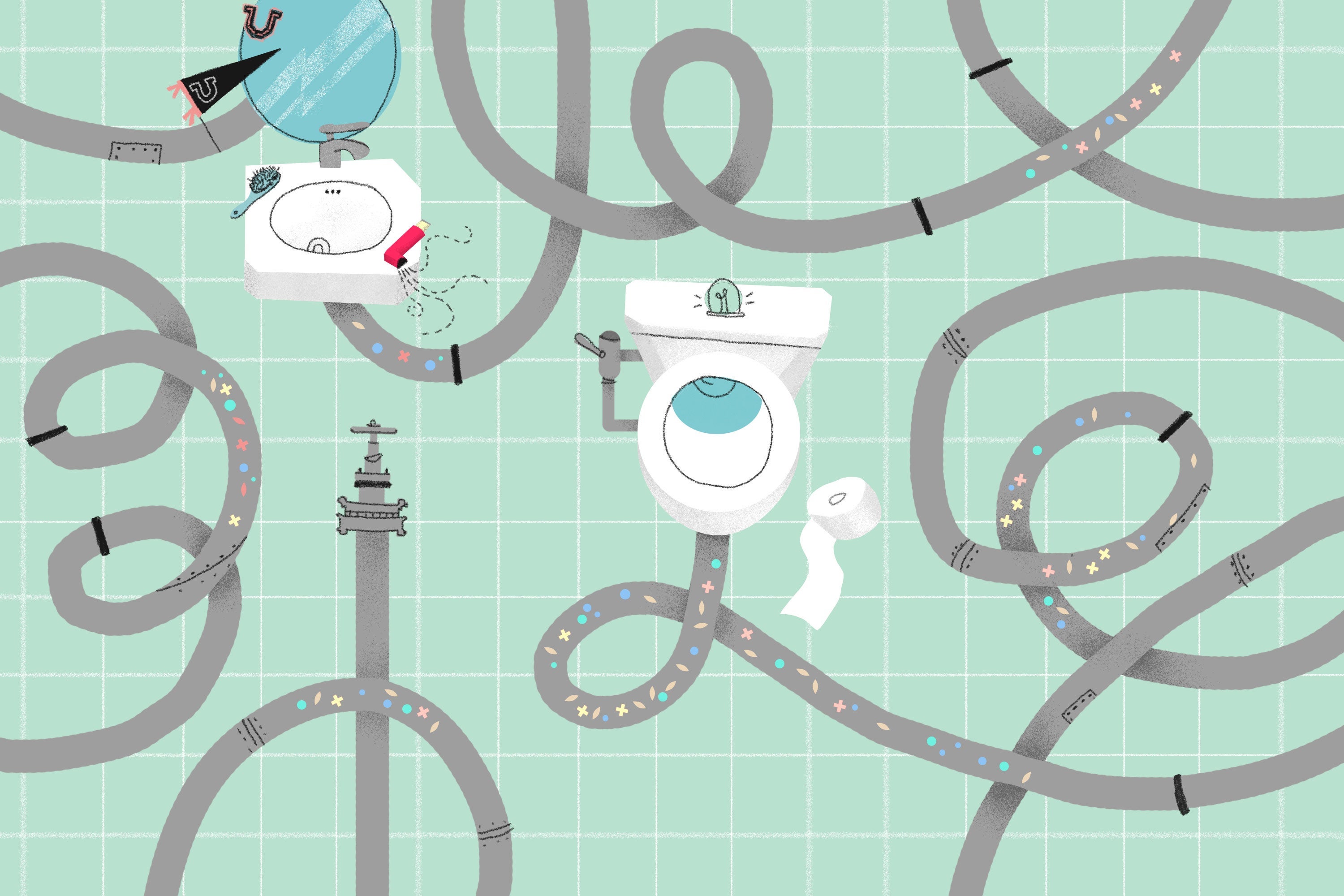 A system of pipes flowing from a toilet with little plus and minus signs in them.