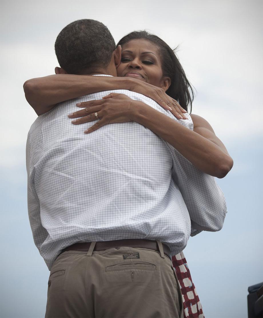 Michelle and Barack Obama hugging