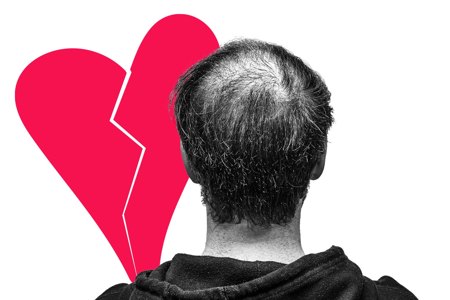 The back of a man's head who is experiencing balding. An illustrated broken heart is overlaid behind him.
