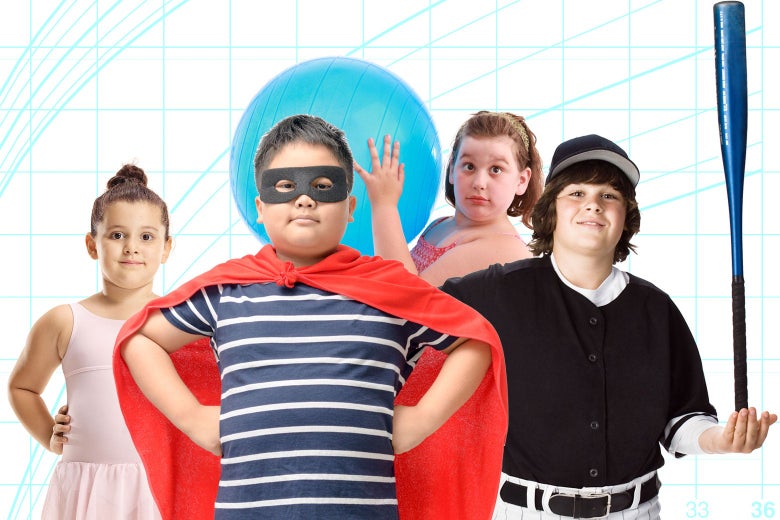 Four kids, two male and two female, are seen in various outfits: a dancing dress, exercise gear, a superhero costume, and a baseball uniform.
