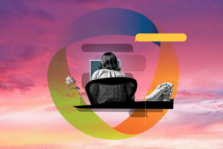 A woman sits in front of a laptop against a sunset sky.