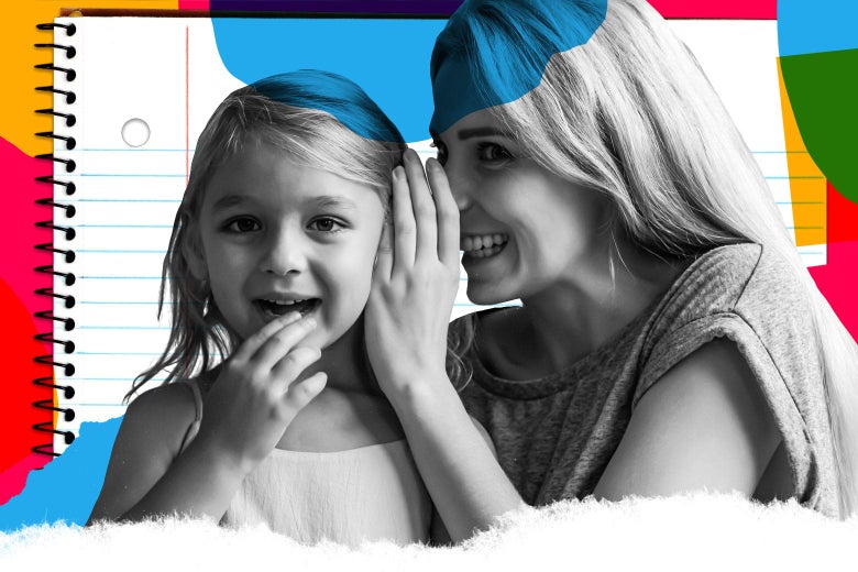 A woman whispers in a little girl’s ear.