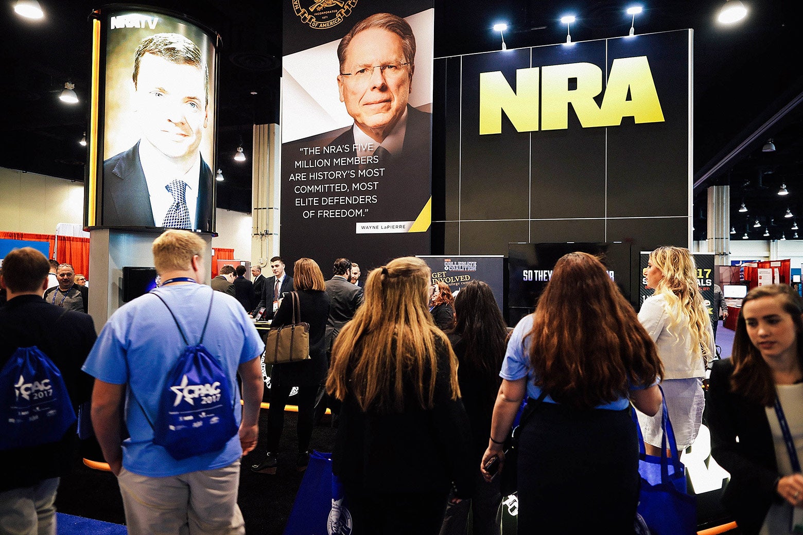 National Rifle Association CEO Wayne LaPierre’s image floats above the NRA booth during the first day of the Conservative Political Action Conference at the Gaylord National Resort and Convention Center on Feb. 23 in National Harbor, Maryland.