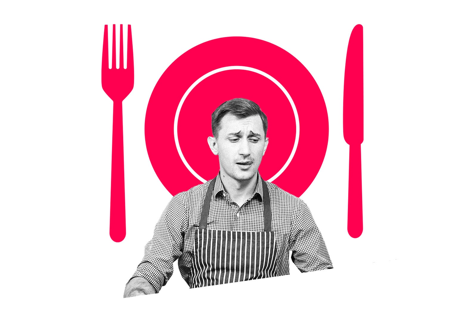 Man with an apron standing in front of a table setting.