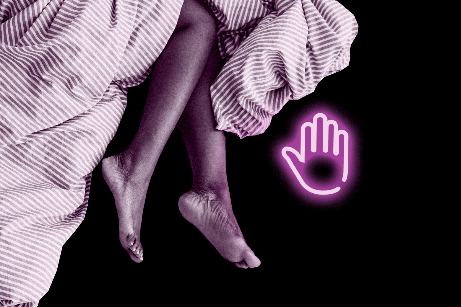 A woman's legs poke out from under a duvet, next to a neon "stop" hand.